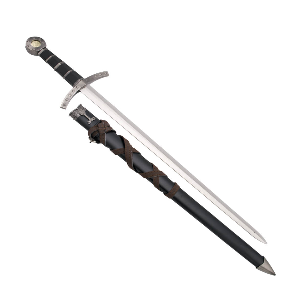 Espada medieval para cadete com pomo e guarda de cor níquel e cabo preto