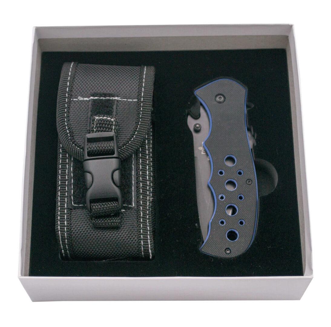 Faca com abertura assistida e cabo de dois tons azul e preto G10 com lâmina serrilhada