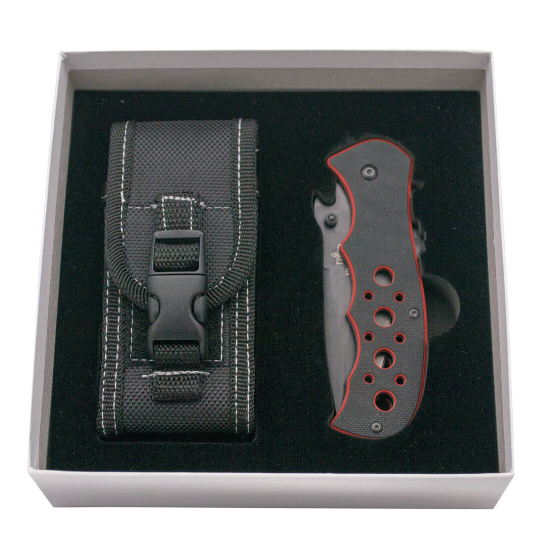 Faca com abertura assistida e cabo de dois tons vermelho e preto G10