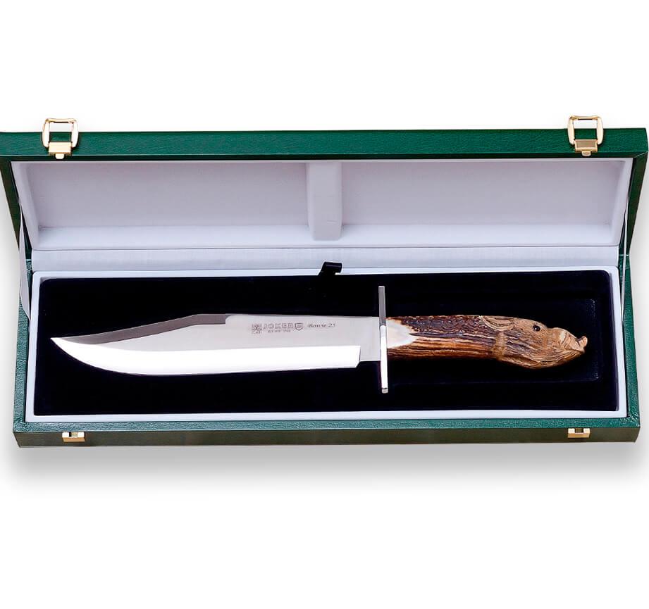 Cuchillo Bowie de caza y colección Joker con mango de asta de ciervo tallado