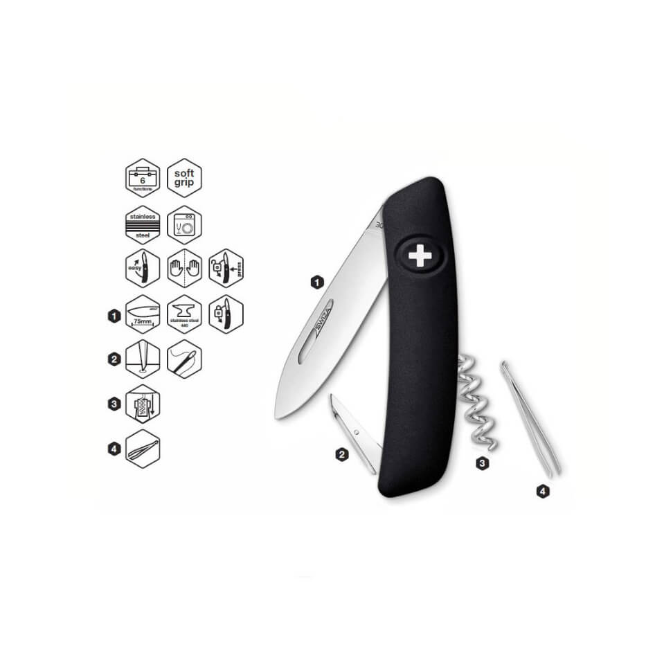 Navaja multiusos Swiza D01 negra con 6 funciones KNI.0010.1010