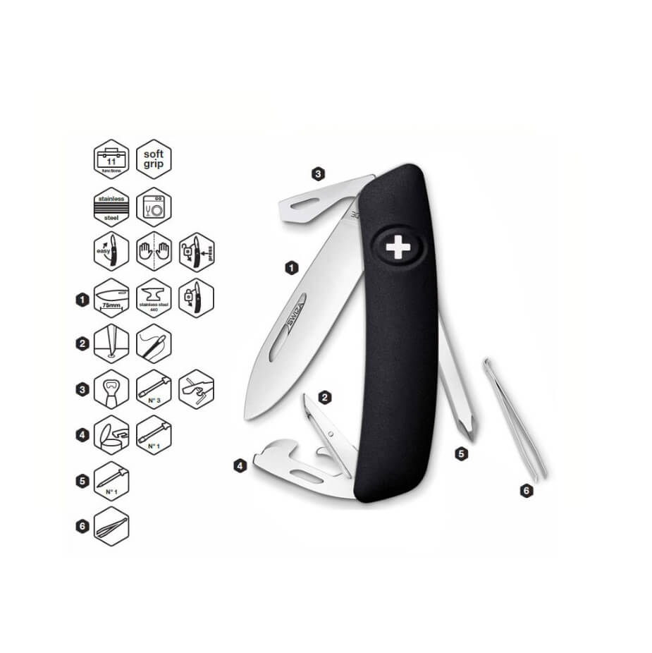 Navaja multiusos Swiza D04 negra con 11 funciones KNI.0040.1010