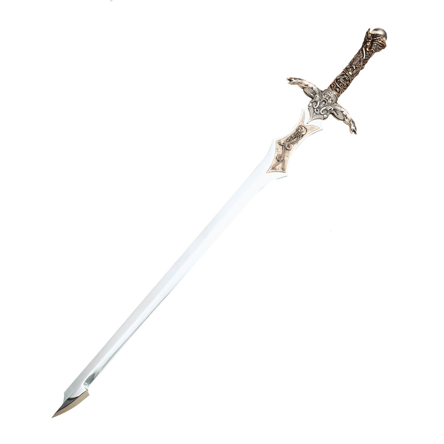 Espada Merlin com acabamento prateado e decorações no cabo e lâmi...