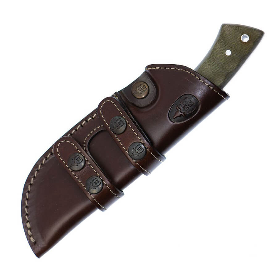 Cuchillo de caza Muela Rhino 10SVG con cachas de micarta verde y funda de cuero negro