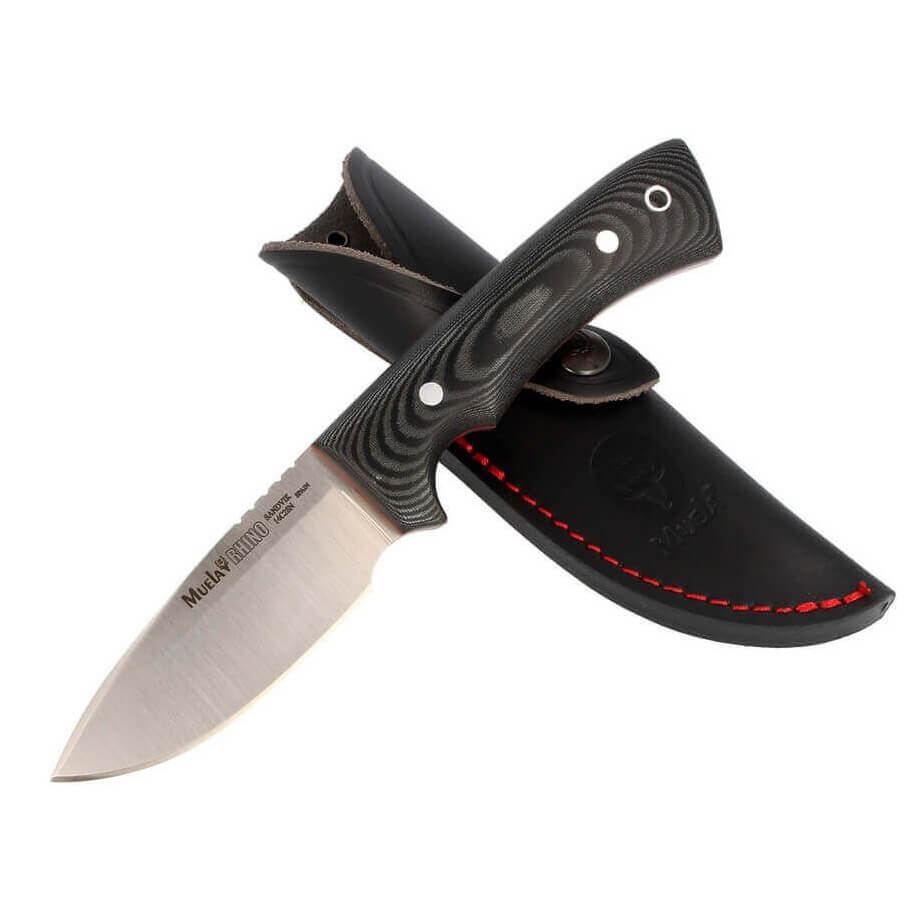 Cuchillo de caza Muela Rhino 9M con cachas de micarta negra y funda de cuero negro