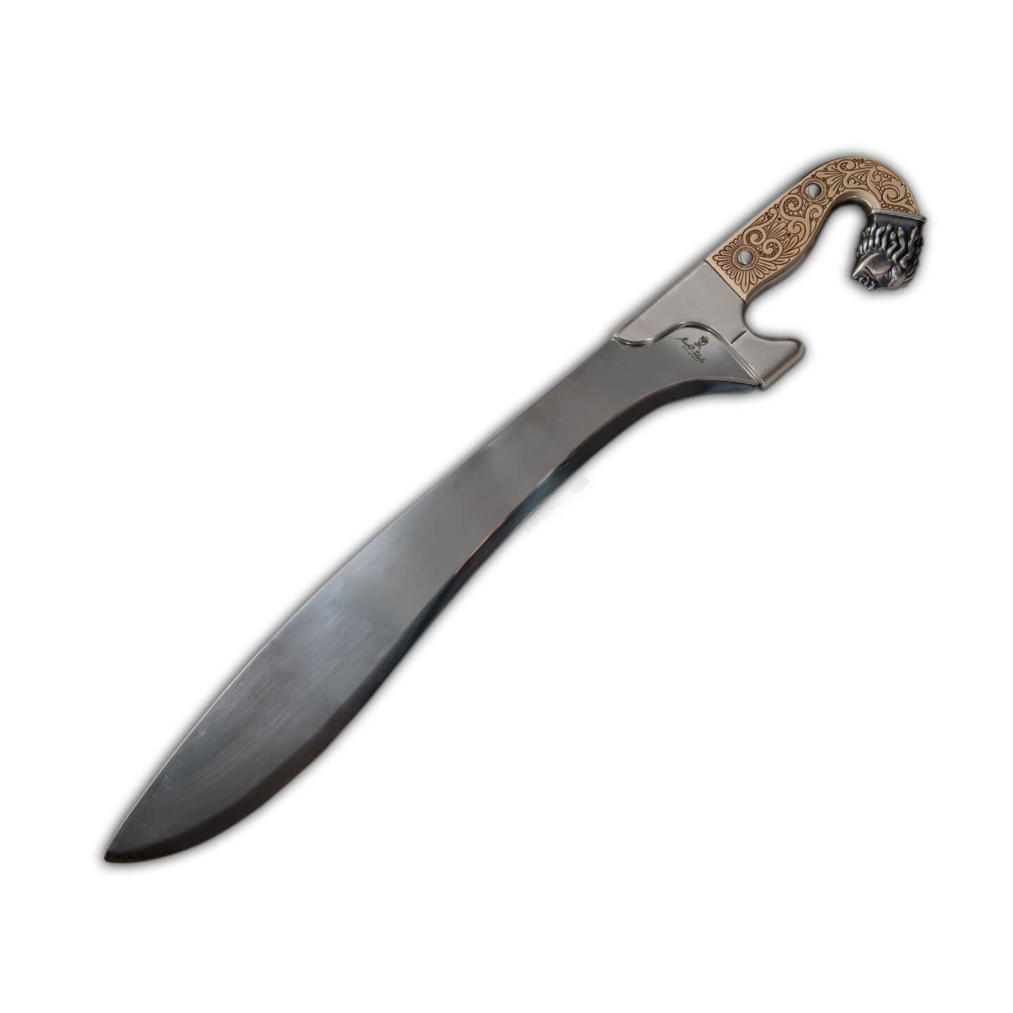 Falcata ibérica com cabo com acabamento em prata e imitação de ma...