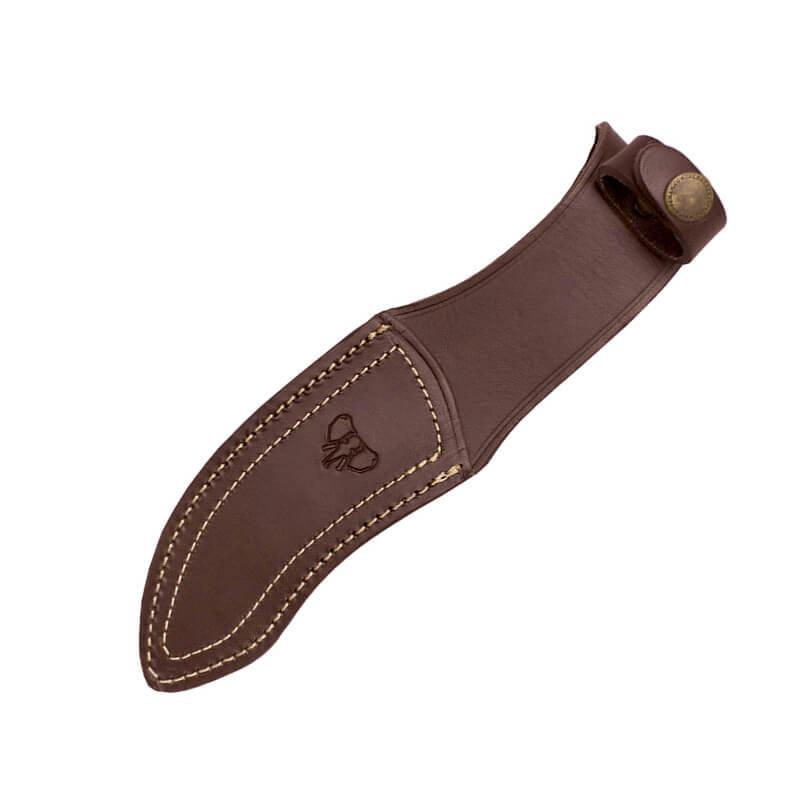 Cuchillo de desollar con puño de asta de ciervo, hoja de acero MoVa de 13 cm. Funda de cuero marrón.