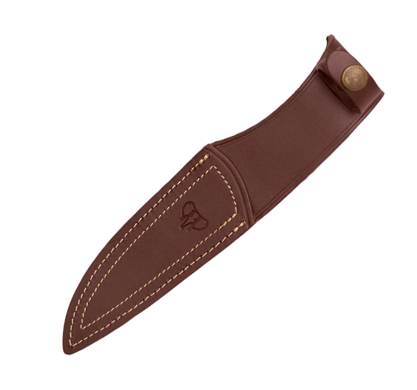 Cuchillo de caza con puño de madera de olivo, hoja de acero MoVa de 15 cm funda de cuero marrón