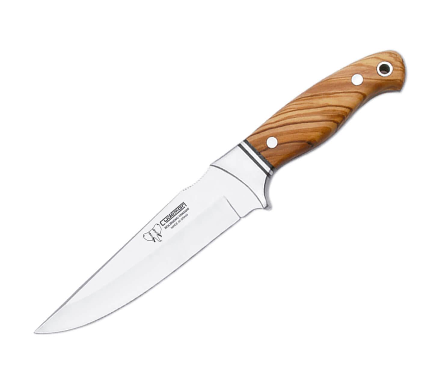 Cuchillo de caza con puño de madera de olivo, hoja de acero MoVa de 15 cm funda de cuero marrón