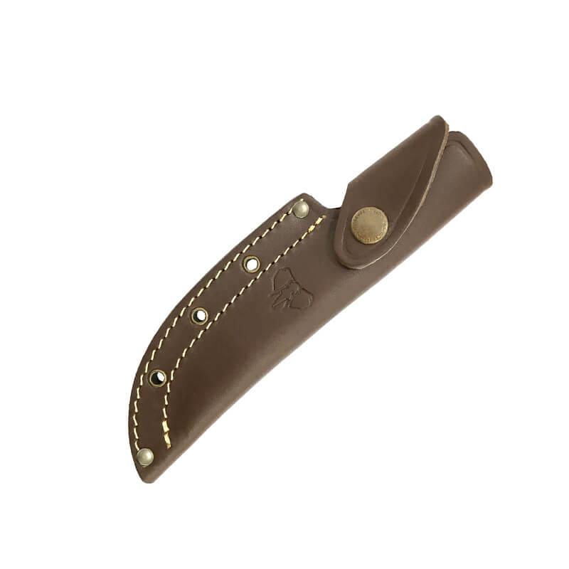 Bushcraftmesser mit 11 cm Klinge aus MoVa-Stahl. Schuppen in braunem Micarta und Lederscheide.