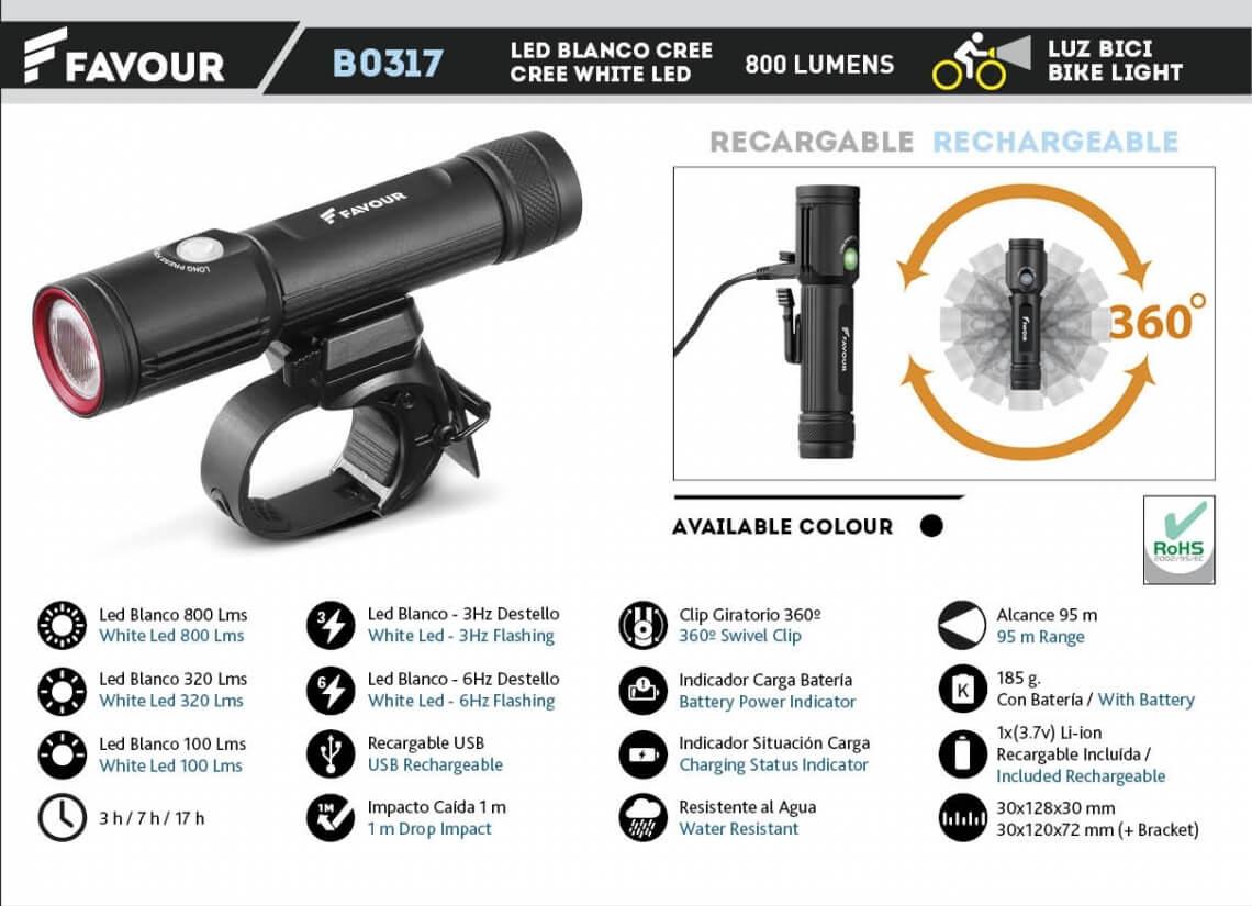 Linterna para bicicleta de aluminio recargable con led 850 lumens