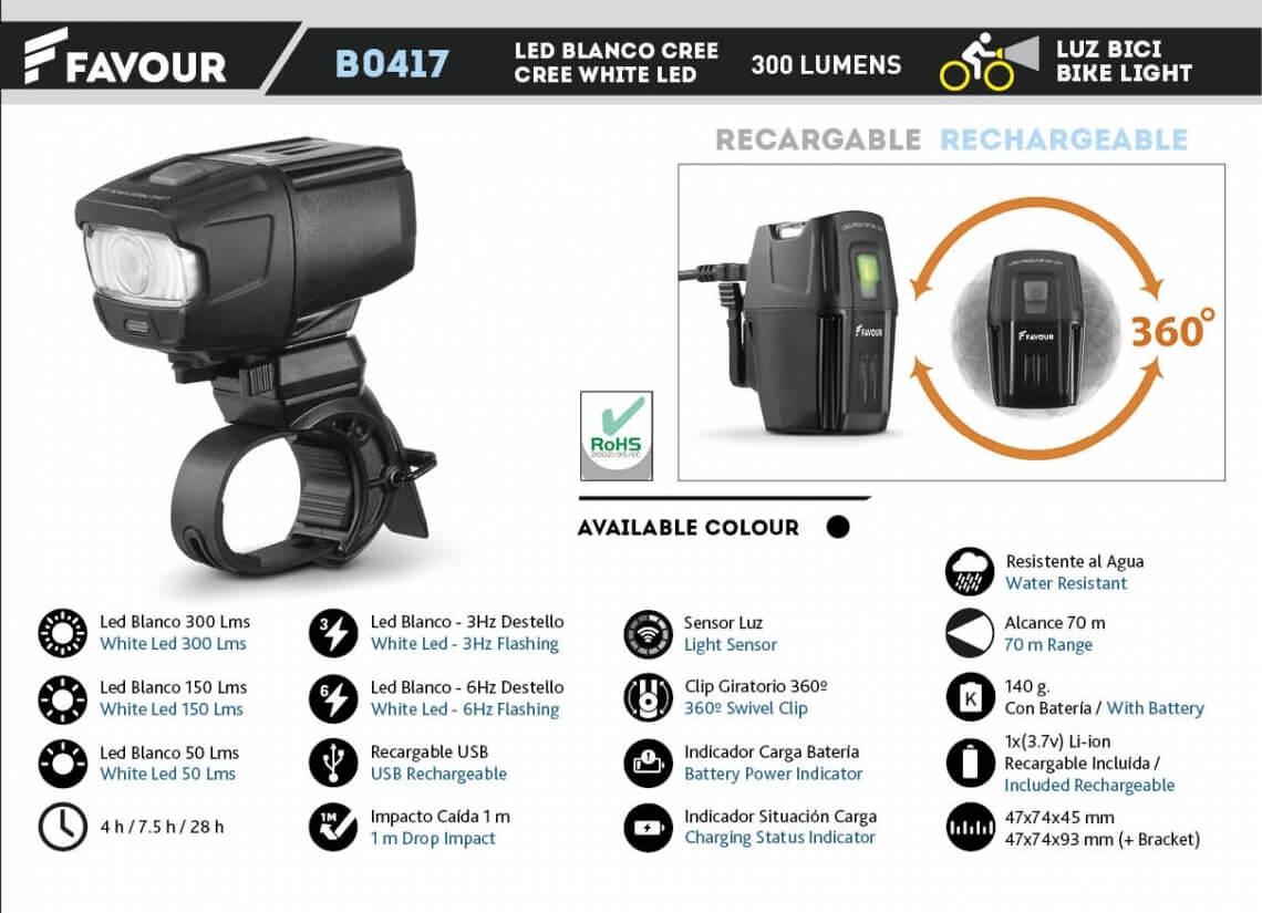 Luz para bicicleta con led blanco cree de 300 lumens de 70 metros...