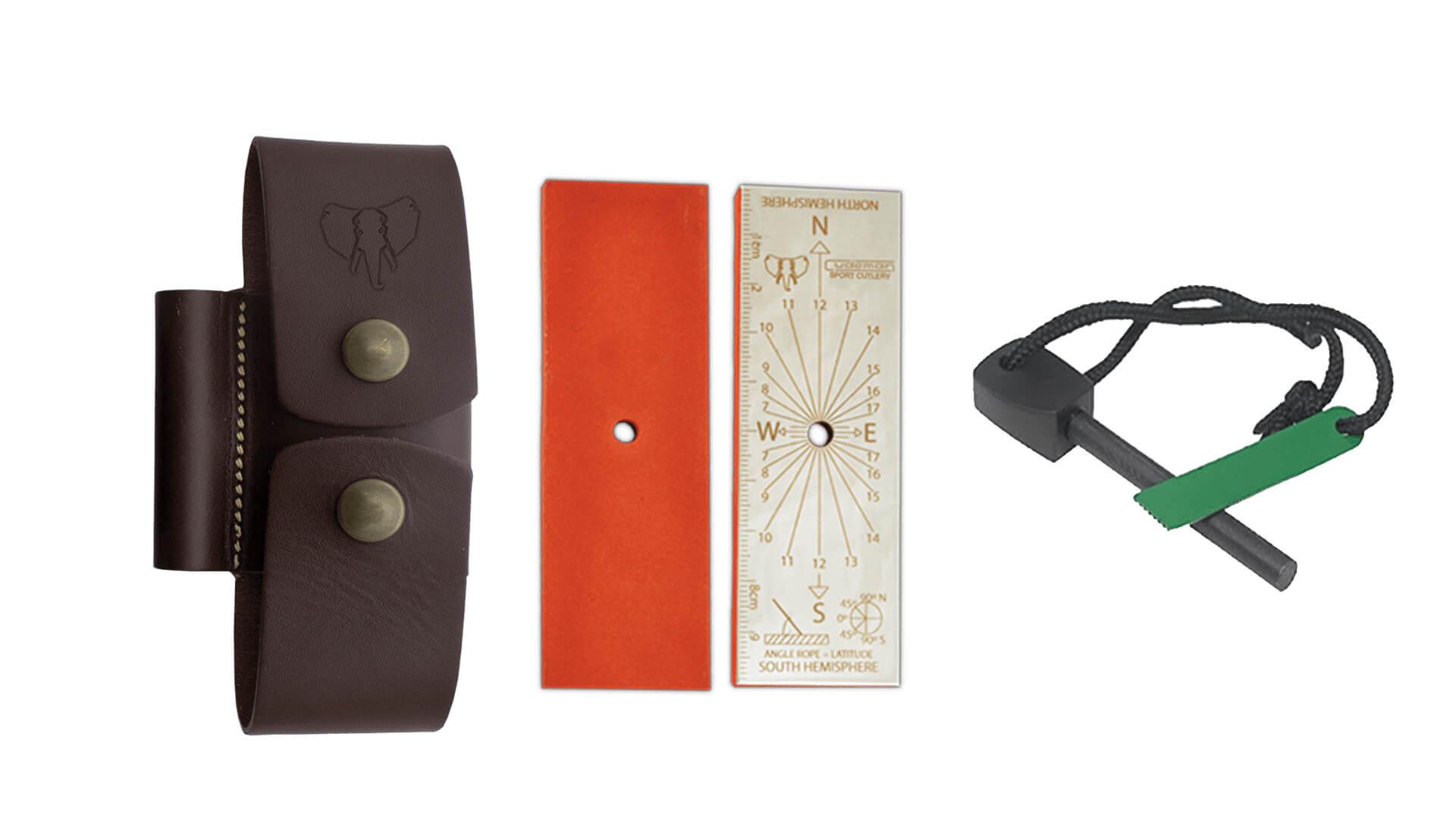 Cuchillo Bushcraft ENT Cudeman con mango de olivo y funda multiposición con kit completo