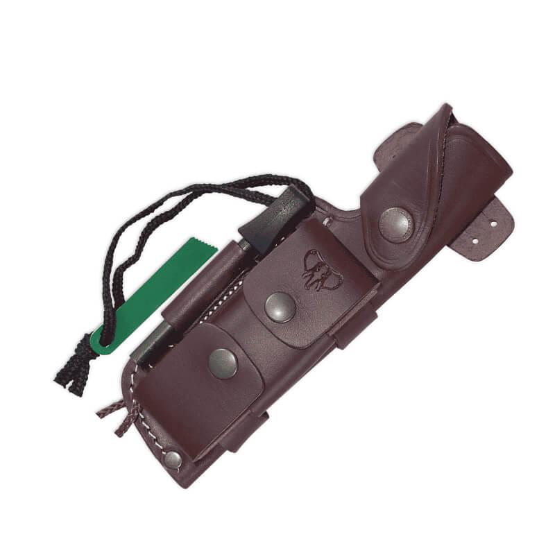 Bushcraft knife, Böhler N695 steel blade, Walnut wood scales. Leather sheath with full kit.