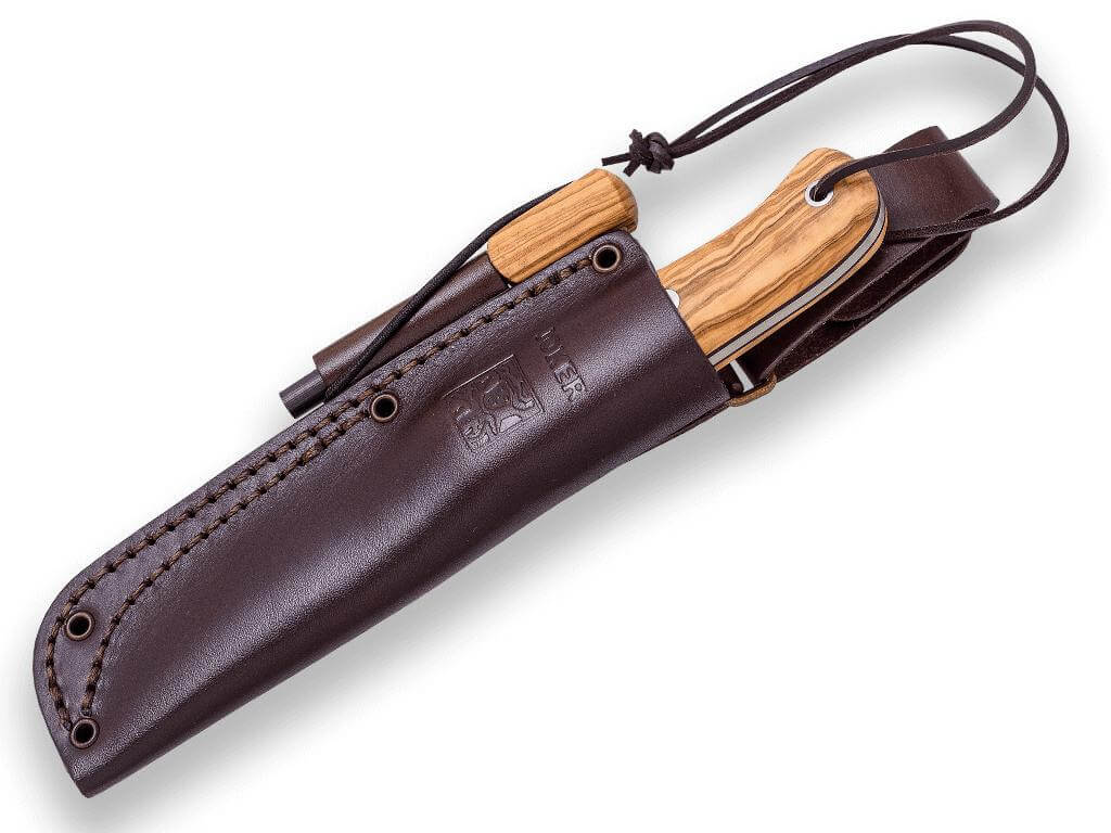 Faca Bushcraft BS9 Campero em madeira de oliveira e Sandvik 14C28N com pederneira