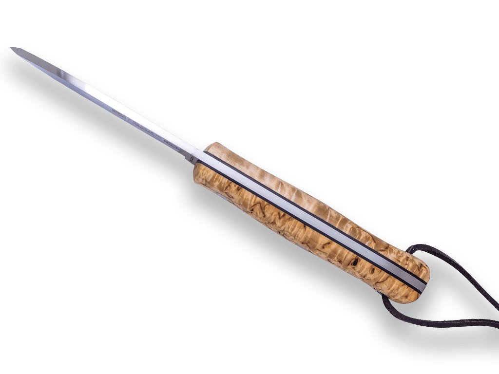 Cuchillo bushcraft BS9 Nórdico Joker con mango de abedul rizado y hoja de Sandvik 14C28N con pedernal