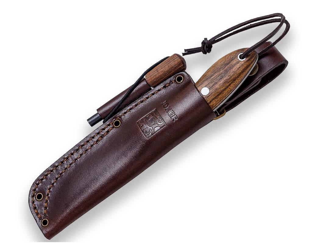 Joker BS9 Canadiense Bushcraft Knife with walnut wood handle and flint.