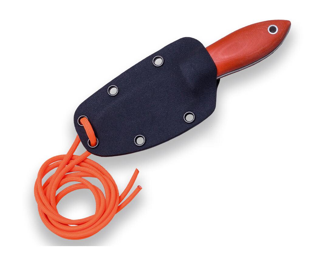 Faca de pescoço Joker Avispa BS9 com cabo em micarta laranja e bainha em kydex