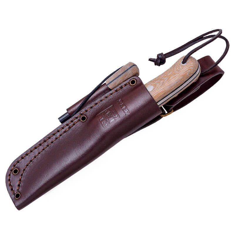 Cuchillo bushcraft Joker BS9 Trampero con mango de micarta beige y hoja de 10 cm con pedernal