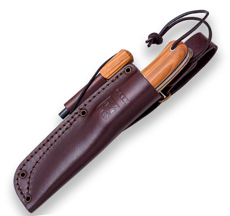 Cuchillo bushcraft Joker BS9 Trampero con mango de madera de olivo y hoja de 10 cm con pedernal