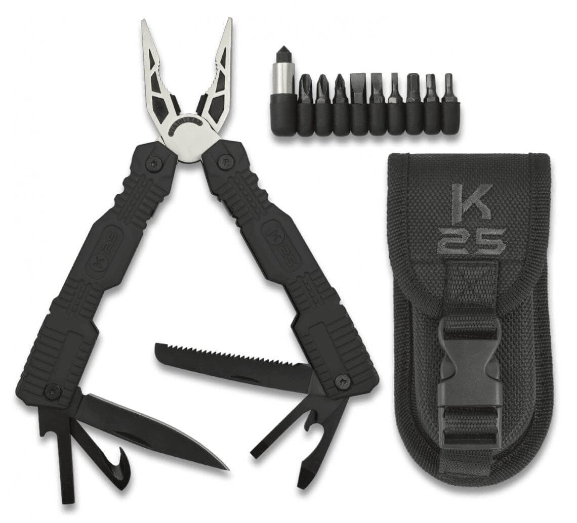 Alicate multiuso K25 com cabo emborrachado preto, 19 funções