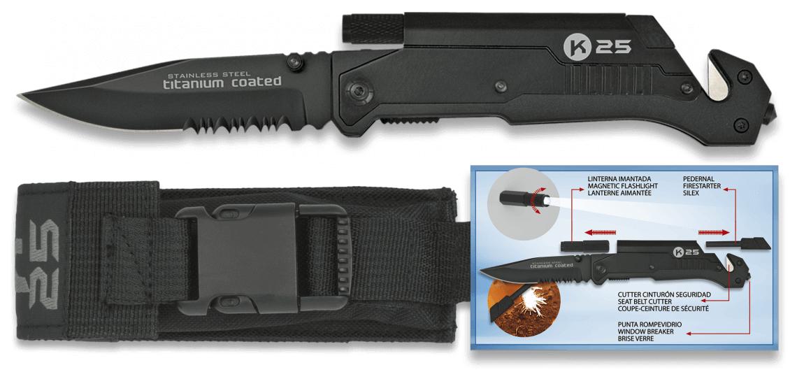 K25 Black Tactical Knife mit Feuerstein und magnetischer Taschenl...