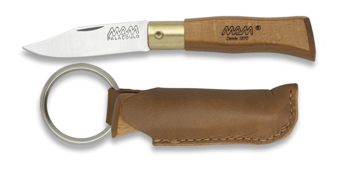 Navaja MAM con mango de madera, funda de polipiel con llavero y h...