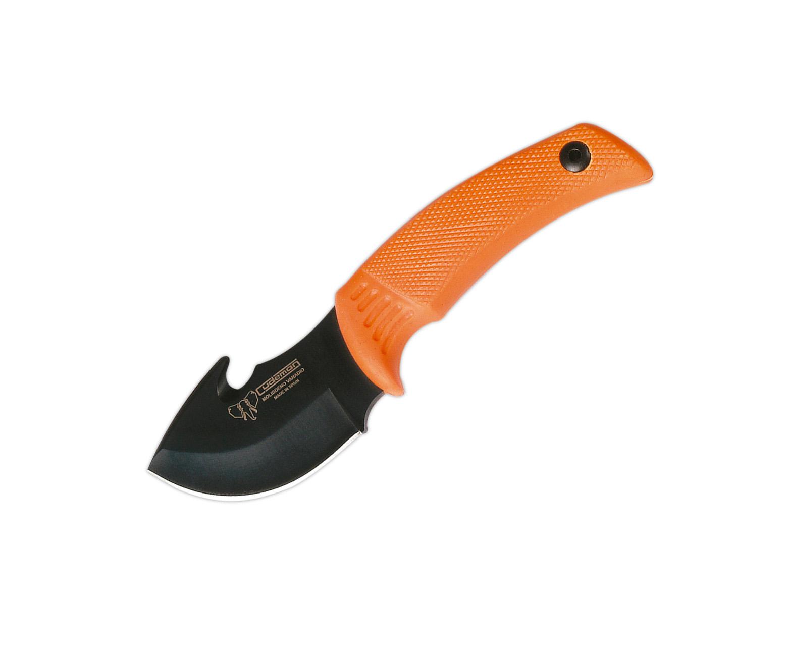 Cuchillo desollador Cudeman con puño de caucho naranja antideslizante, hoja 7,5 cm