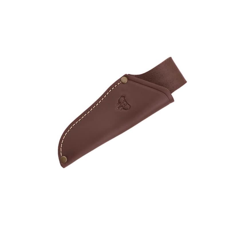 Cuchillo desollador con cachas de madera de olivo. Hoja de acero Molibdeno Vanadio. Funda de cuero marrón.