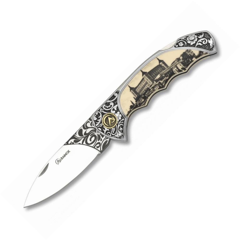 Navaja Albainox con mango decorada con el Alcázar de Toledo y hoj...