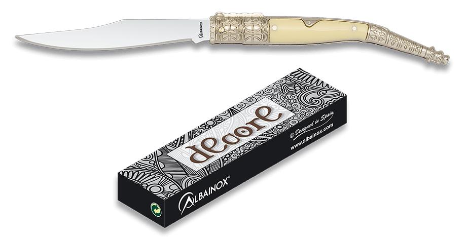 Faca dobrável cromada Albainox com cabo ABS branco e lâmina de 8,...