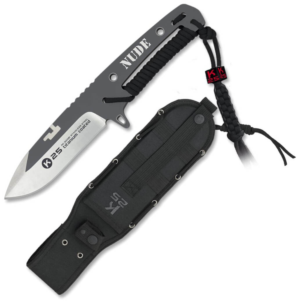 Cuchillo táctico K25 NUDE con mango encordado y hoja con grosor d...