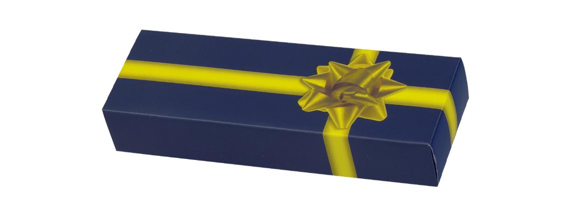 Caixa de apresentação azul e amarela