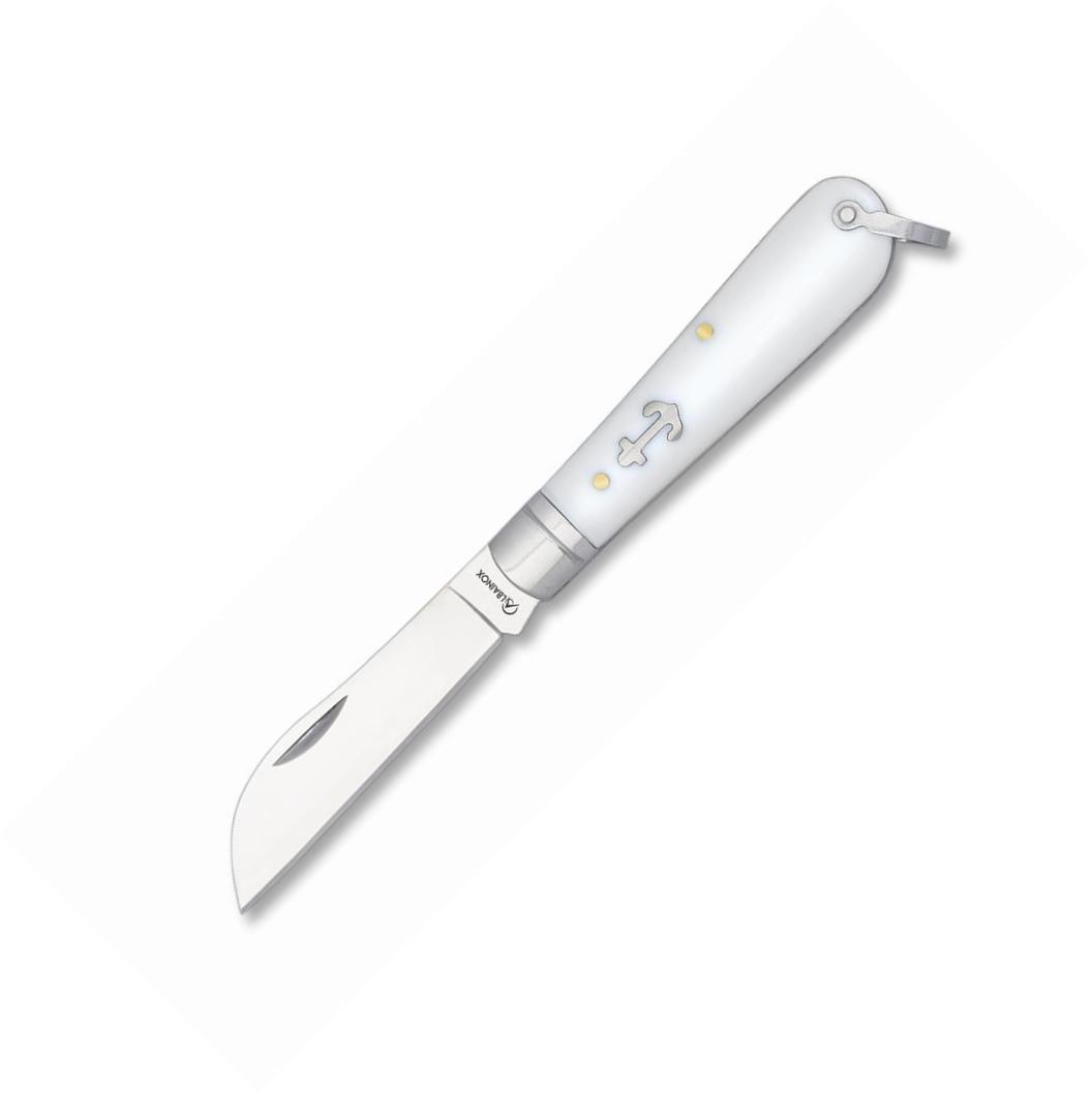 Sailor folding knife with white ABS handle, stainless steel bolst...