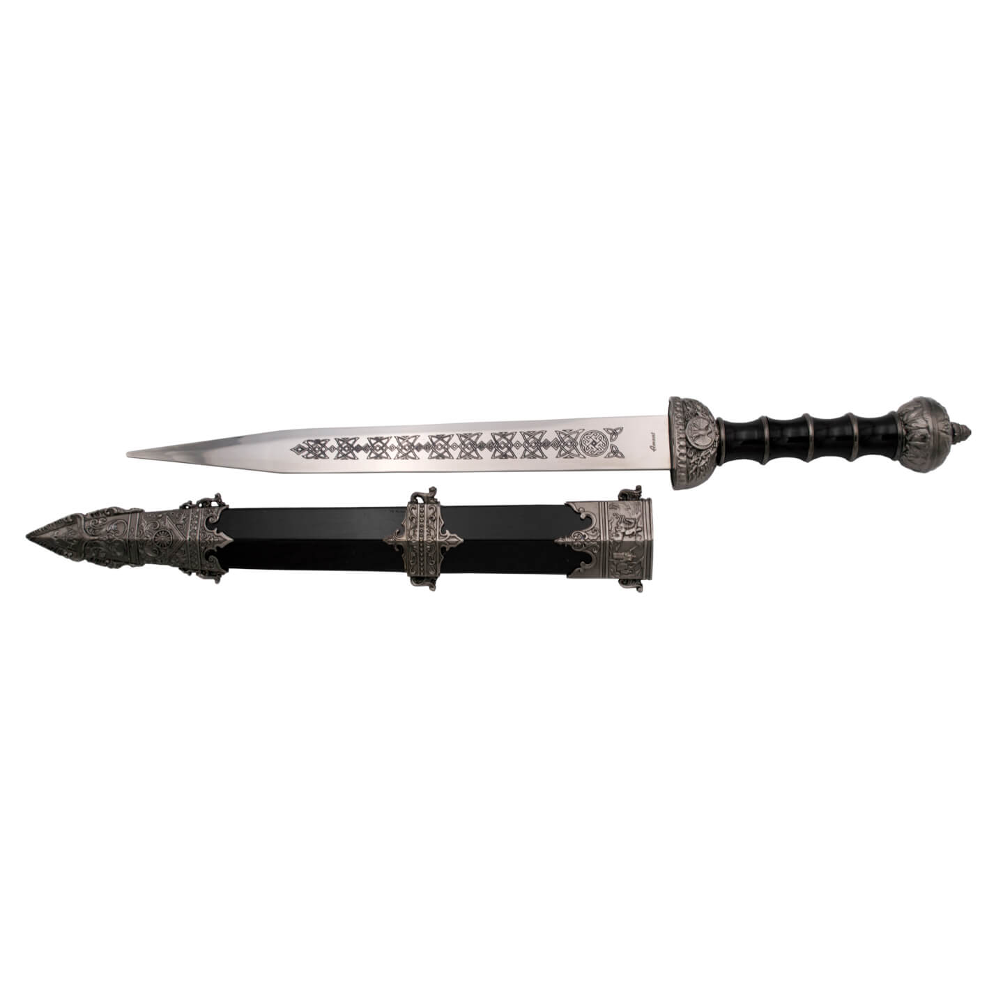 Antiga punhal Gladius preta com lâmina gravada S0178BK