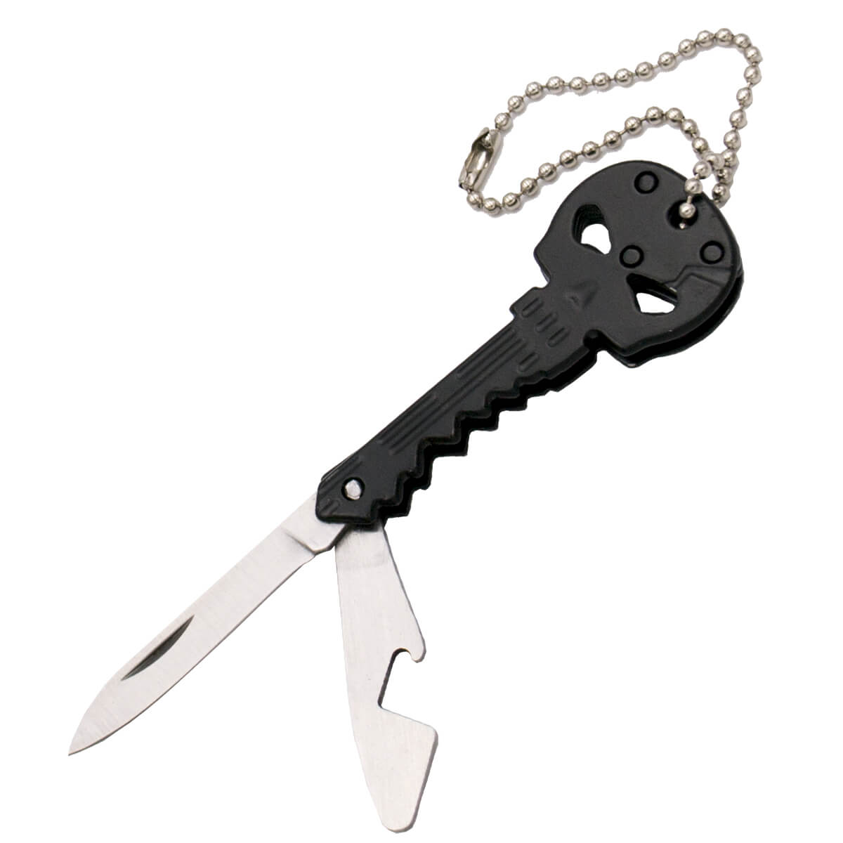 Faca porta-chaves caveira em aço inox preto com lâmina de 4,6 cm