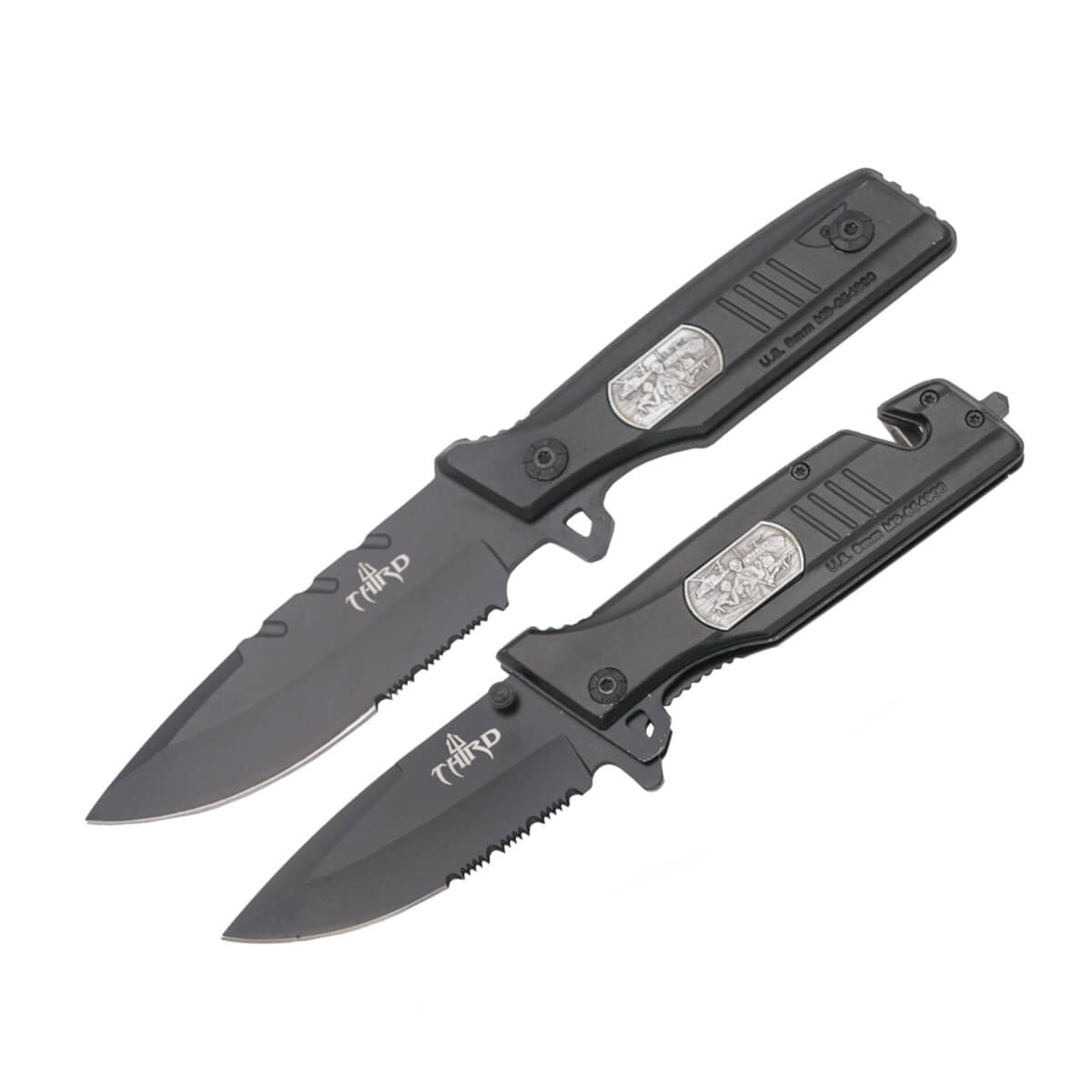 Pack cuchillo y navaja tácticos con hoja negra mitad serrada Thir...