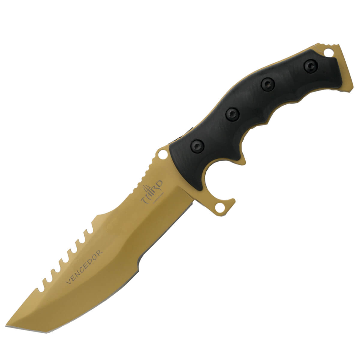 Faca tática com lâmina dourada de 15 cm e cabo preto G-10