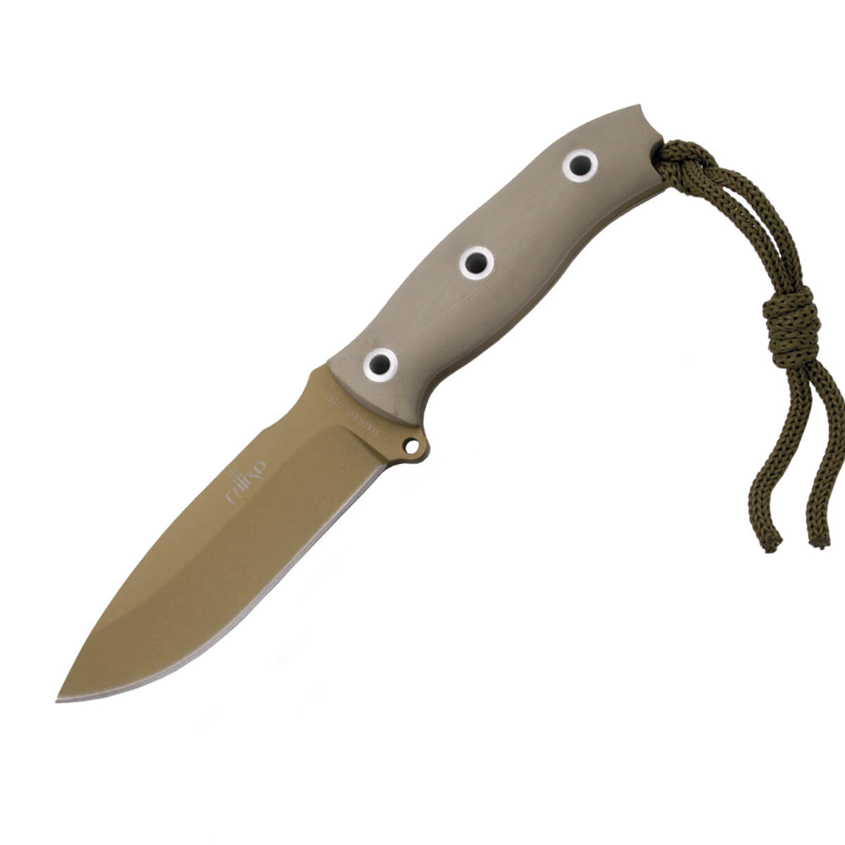 Faca tática com lâmina dourada e cabo camelo G10