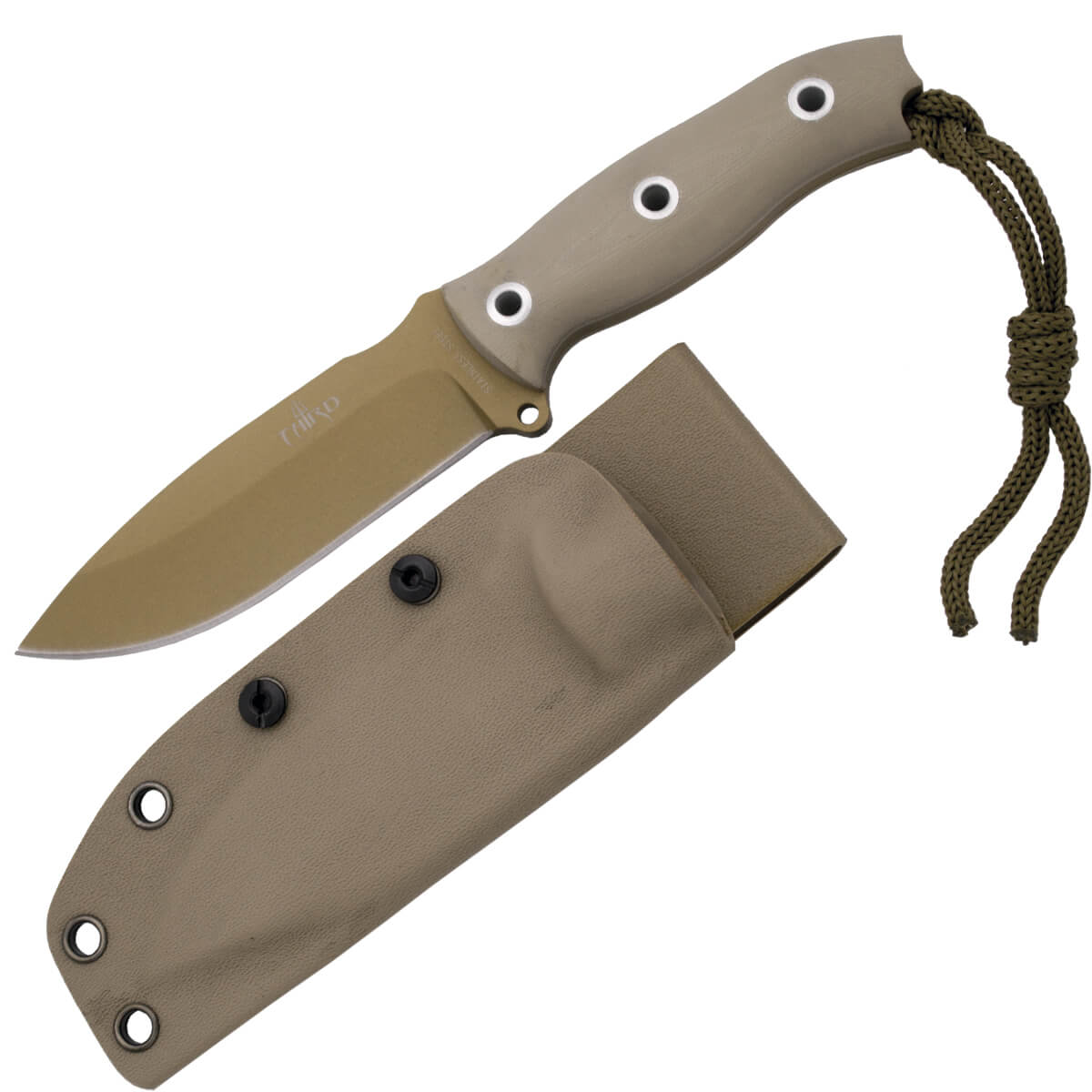 Faca tática com lâmina dourada e cabo camelo G10