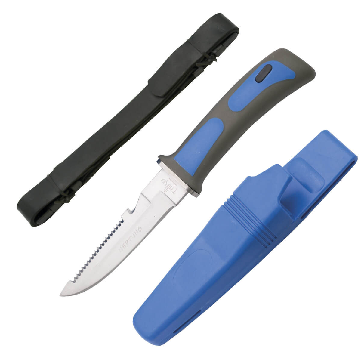 Blaues Tauchermesser mit blauer ABS-Scheide