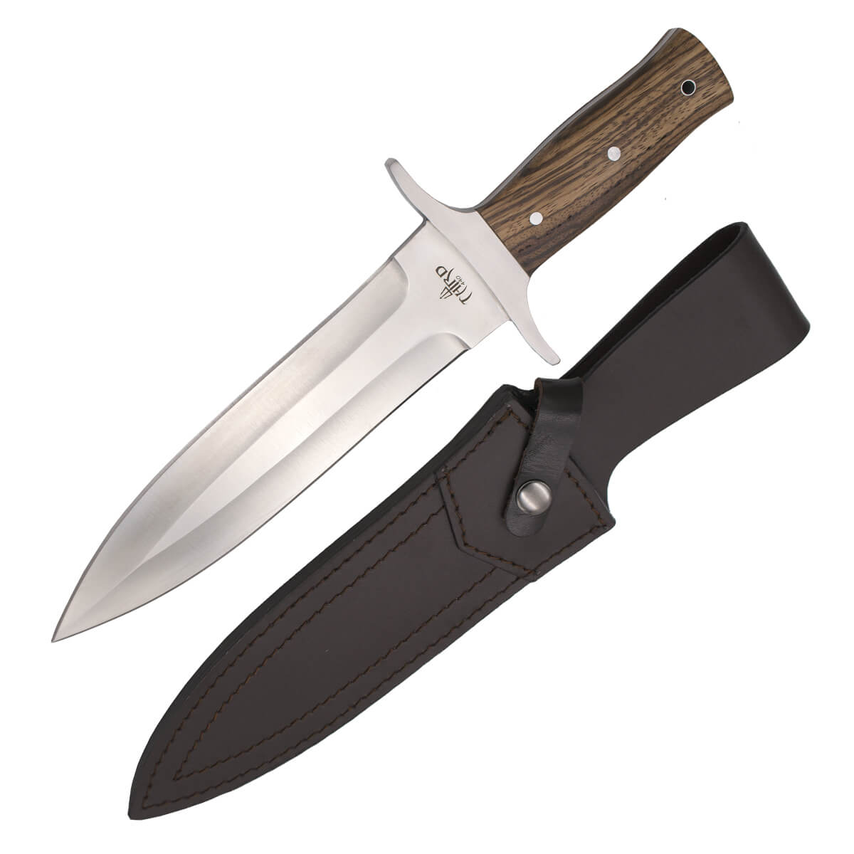 Faca de caça de uma peça com lâmina de dois gumes de 23 cm e cabo zebrano