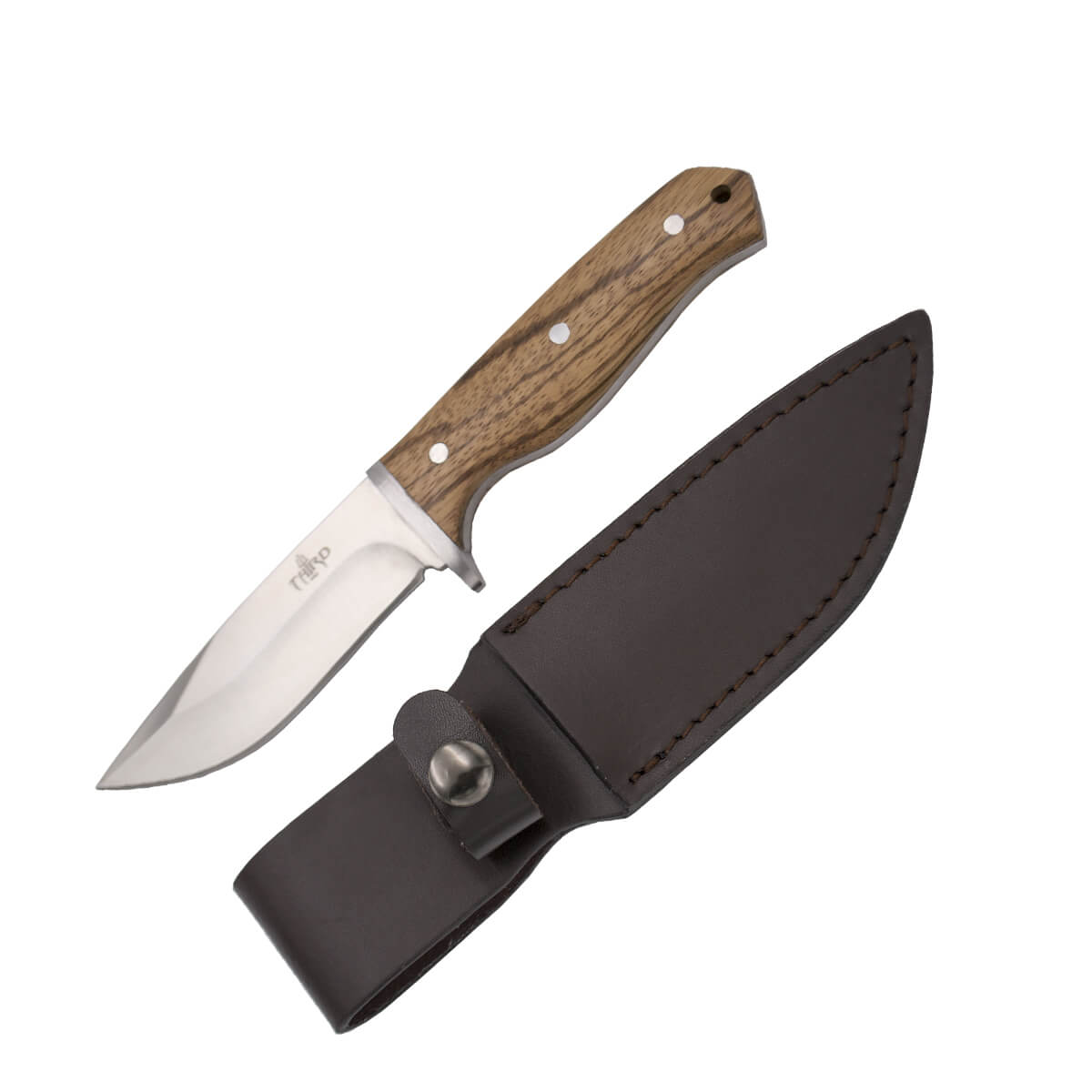 Cuchillo de caza enterizo con hoja de 10.6 cm y mango de madera de zebrano con guarda de acero inox